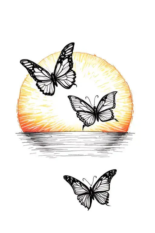 Three Butterflies Flying Towards The Sun Setting