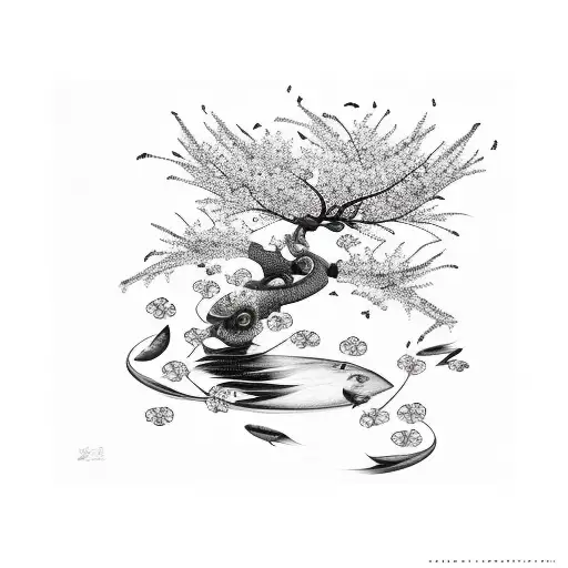 Koi Fish And Sakura Tree