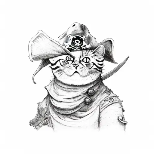 Full Body If An Orange Cat Wearing A Pirate Costume With A Hat And Overall