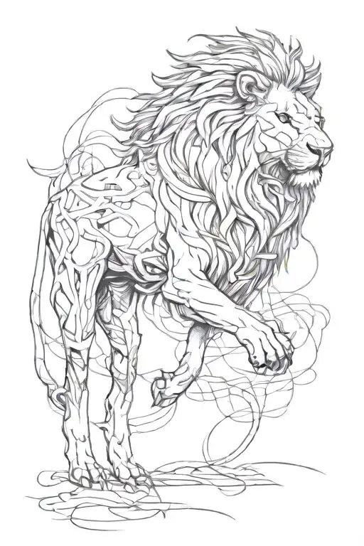 Angry Lion Standing Over An Entangled Sheep