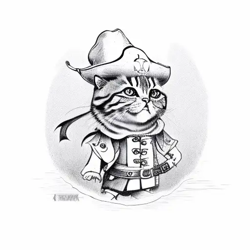 Orange Cat Wearing A Pirate Costume With A Hat And Overall