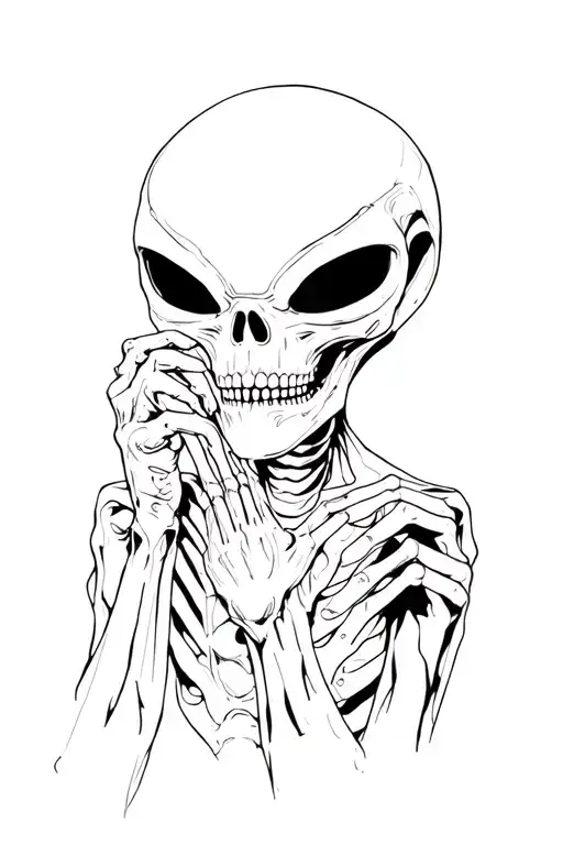 Skeloton Holding An Alien Head