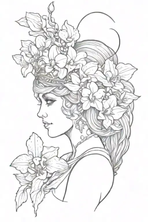 Greek Goddess Athena With Orchid Flowers In Her Hair And Philigry Head Piece