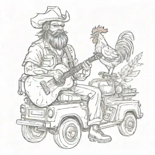A Truck Driver Playing A Guitar With A Rooster Perched On Their Shoulder