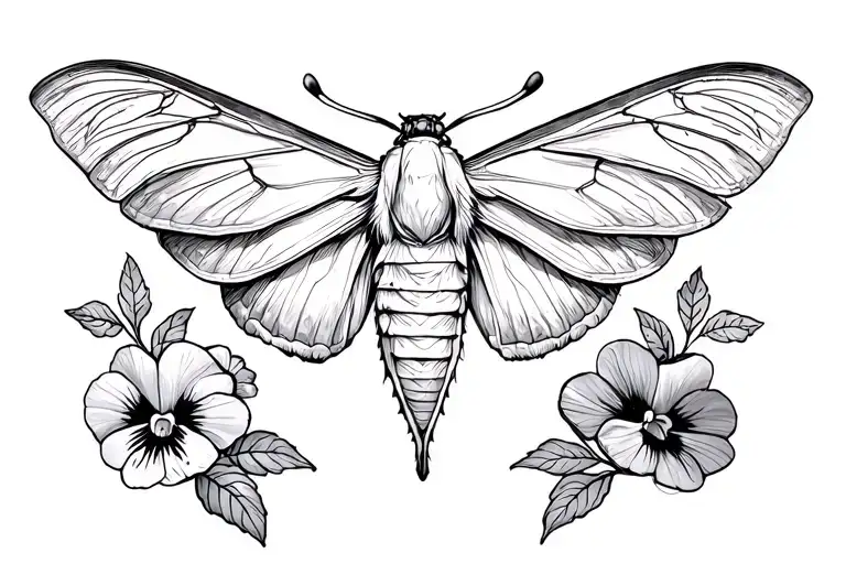 Chest Tattoo That Has Cabbage Moth Surrounded By Pansy Flowers