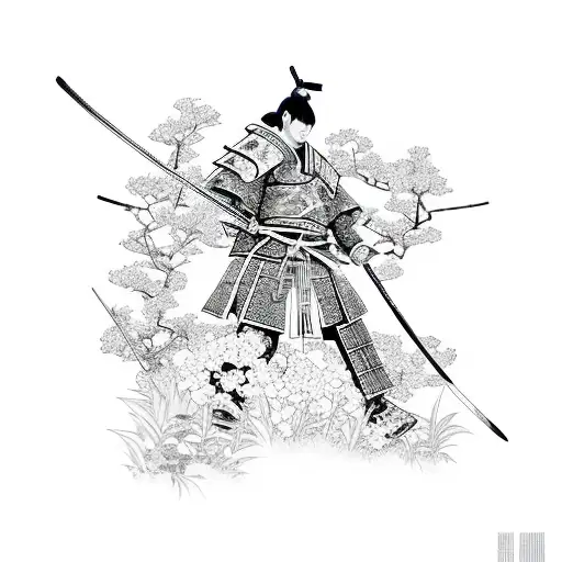 Samurai With Japanese Flowers Around Him