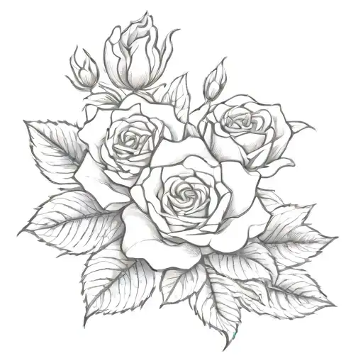 Rose With Leaves And Other Flowers Around And Arranged On The Ribs