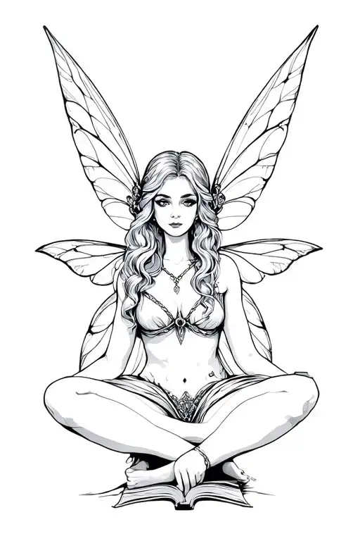 Fairy Sitting Cross Legged With Book Surrounded By Bold