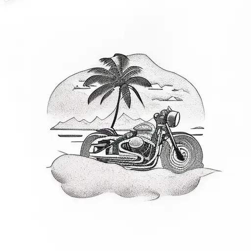 A Tattoo Of A Hawaiian Landscape With A Motorcycle In The Foreground