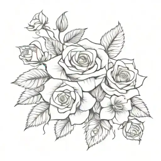 Rose With Leaves And Other Flowers Around And Arranged On The Ribs