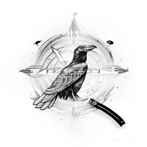 Black Raven With Viking Compass In Background