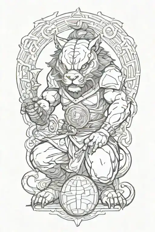 Fu Dog Crouched And Holding An Orb With Kitana Sword