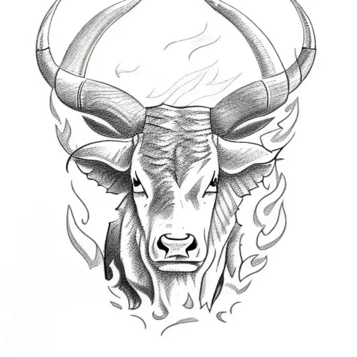 A Sketch-style Tattoo Of A Texas Longhorn Surrounded By Fire