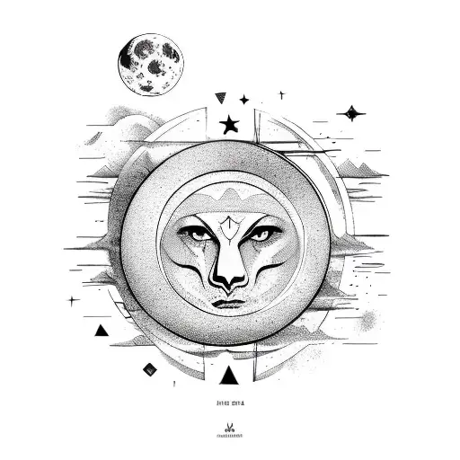 A Moon With Astrology Symbols And A Drumstick As The Moon's Reflection