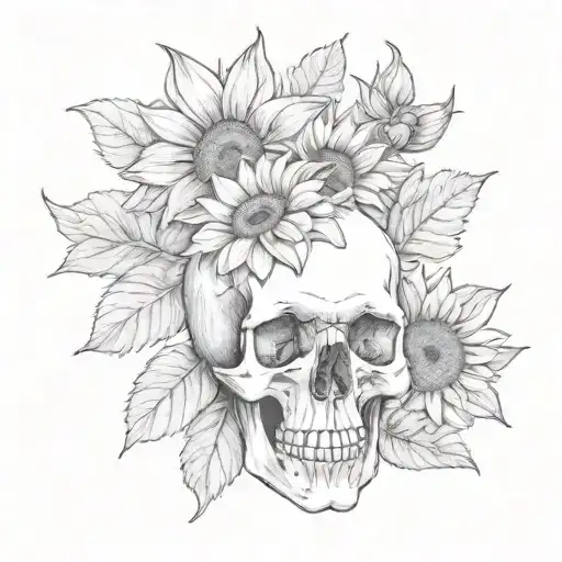 A Realistic Human Skull Next To A Sunflower