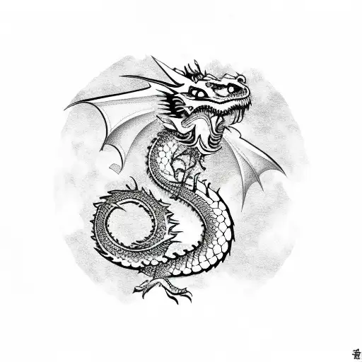 An Oriental Dragon Surrounded By Symbols Of Wealth And Prosperity In A Sketch Style
