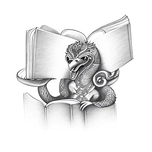 A Sketch Of A Feathered Serpent Reading A Book