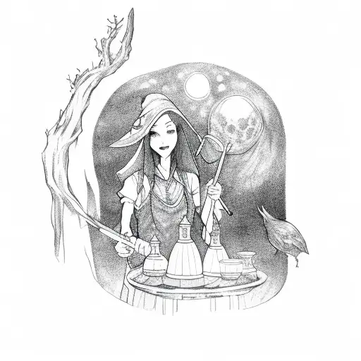 A Witch Brewing Potions In A Moonlit Forest
