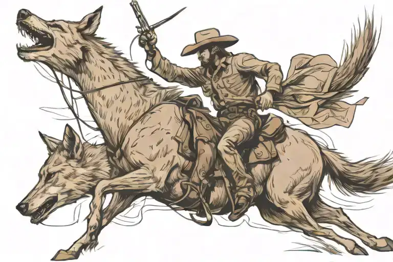 Cowboy Riding A Horse Fighting Coyotes