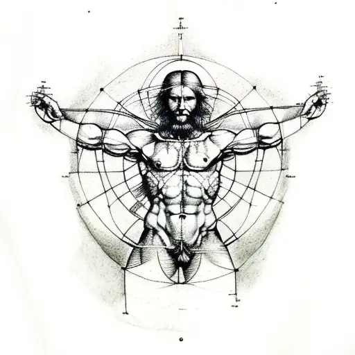 A Sketch-style Tattoo Of Leonardo Da Vinci's Vitruvian Man Surrounded By A Mystical Forest