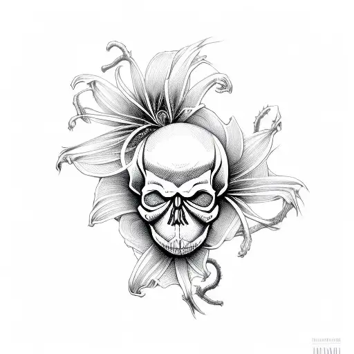 Skull And Black Spider Lily Coming Out Of It