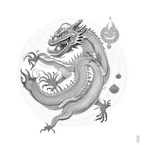 An Oriental Dragon Surrounded By Symbols Of Wealth And Prosperity In A Sketch Style