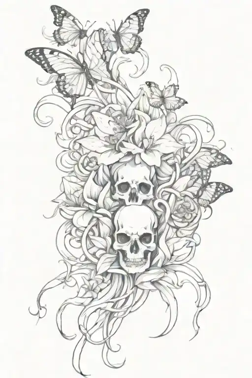 Skulls And Butterflies Opening Into Octopus Wrapped Around A Lily Flower