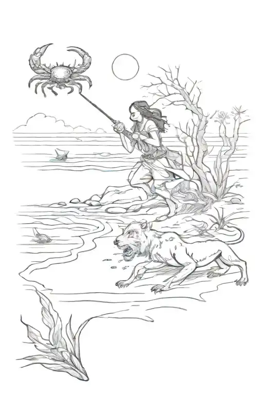 Ocean With Crabs On A Beach A Huntress Hunts A Lion In The Forest