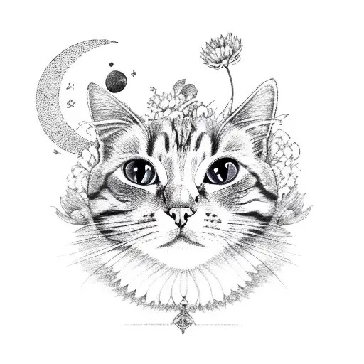 Cat With Moon And Chrysanthemums