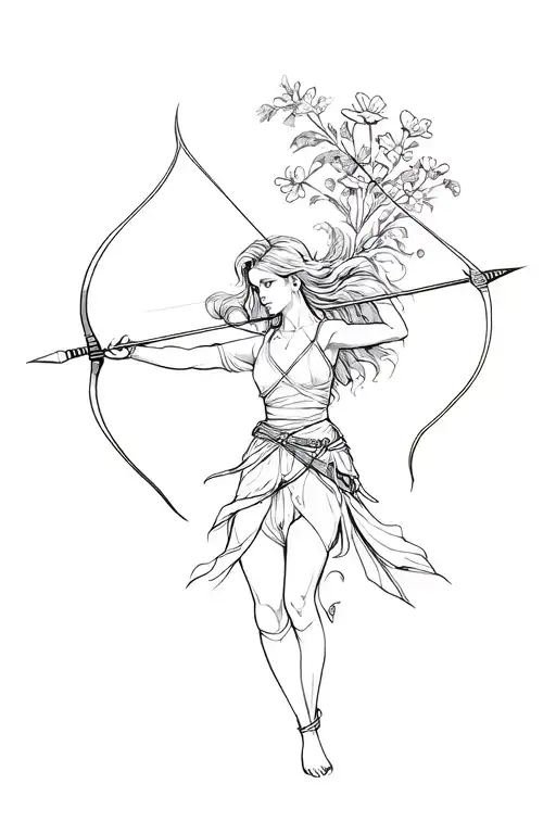 Female Archer Shooting An Arrow With A Lil Flowers Aiming Upwards