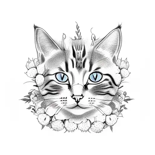 Full Body Of A Cat With Moon And Chrysanthemums