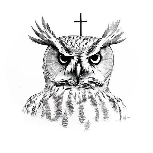Owl With Woman Holding A Cross