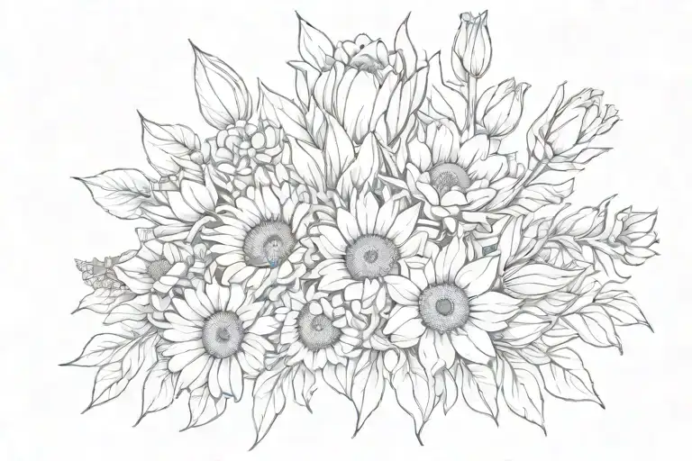Fine Line Flower Bouquet With Sunflowers And Tulips And More