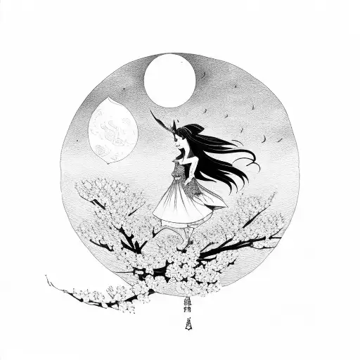 A Witch Riding A Crescent Moon Surrounded By Cherry Blossom Flowers