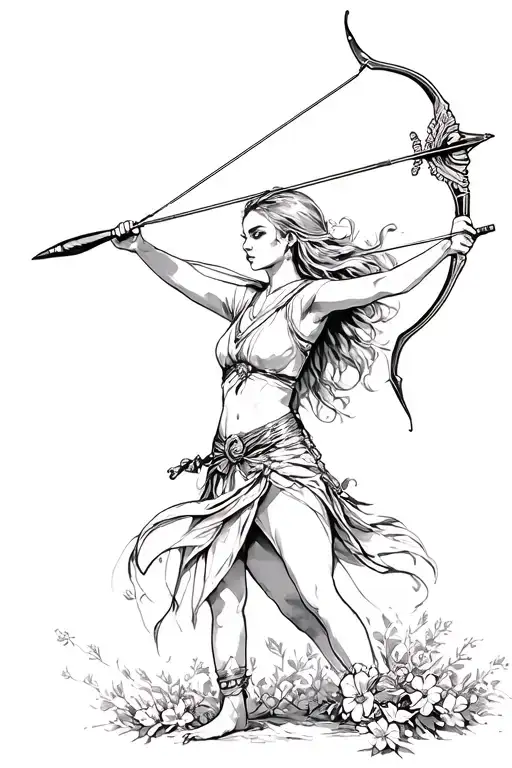 Half Female Archer Shooting An Arrow Aiming Upwards With A Lil Flowers And A Fierce Look