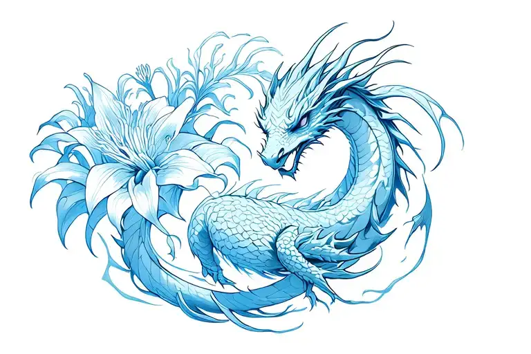 Flowing Dragon Wrapped Around A Blue Spider Lily
