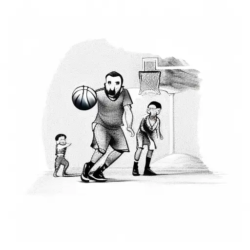 A Sketch Of A Father And His Children Playing Basketball Together