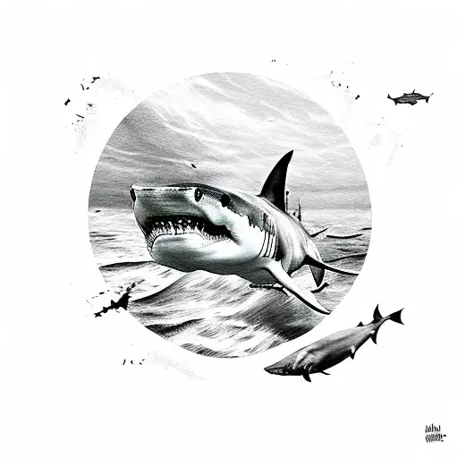 Black And White Great White Shark Circling Shipwreck With Debris