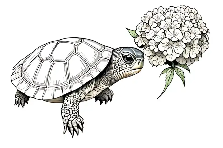 Turtle Holding Hydrangeas In Its Mouth