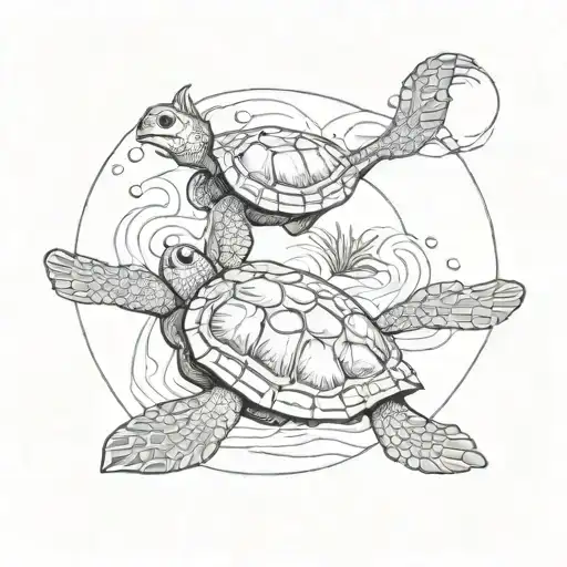 Big Sea Turtle And Small Sea Turtle Swimming With A Circle Drawn Around