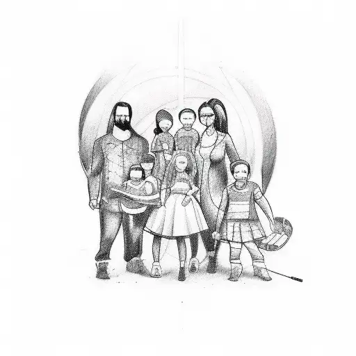 A Sketch-style Tattoo Of A Family Portrait With Musical Instruments