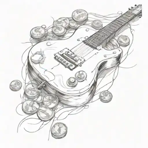 Illustrate A Sensual Scene Involving A Guitar And Coins In A Sketch Style
