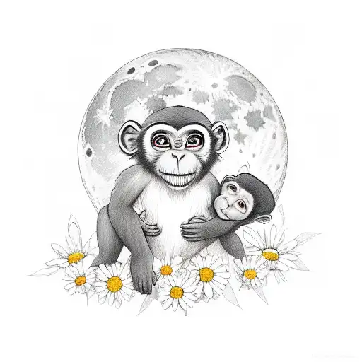 Moon With A Cute Baby Monkey Sat On It Holding Daisies