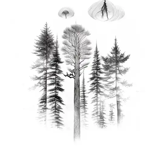 A Realistic Tattoo Design Of A Forest Landscape With A Majestic Pine Tree As The Focal Point