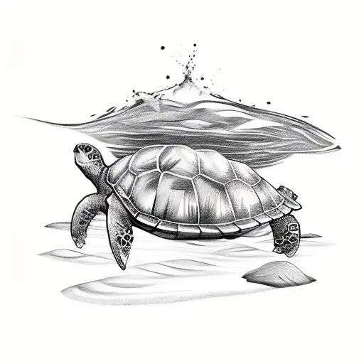 A Sketch Tattoo Of A Turtle Swimming Through A Forest River