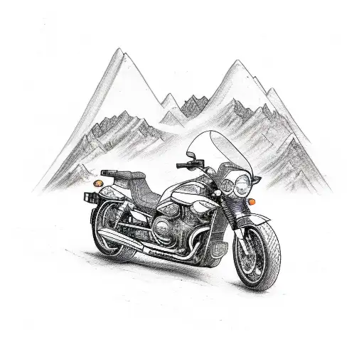 A Detailed Sketch Of A Motorbike With Mountains And Nature Elements Incorporated Into The Design