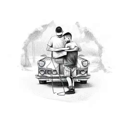 A Father And Son Working On A Car Together In A Sketch Style
