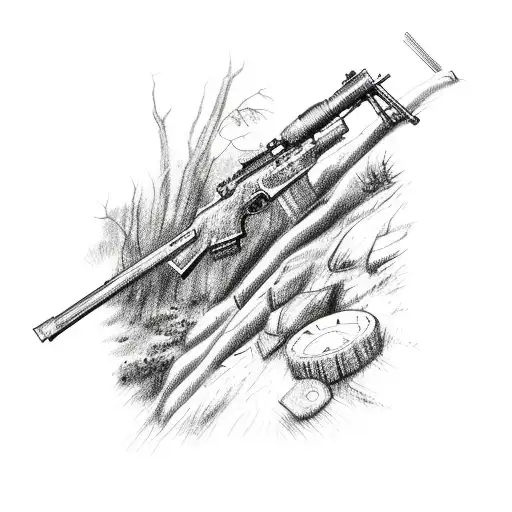 A Detailed Sketch Of A Hunting Rifle Surrounded By Tire Tracks