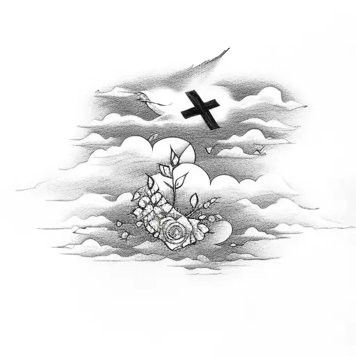 Cross In A Rose Field With Clouds Opening Up A Sunset And A Dove Flying Around