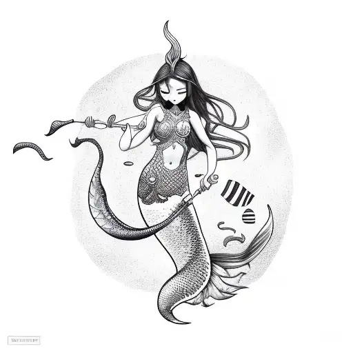 Asian Mermaid With A Trident And A Conch Shell